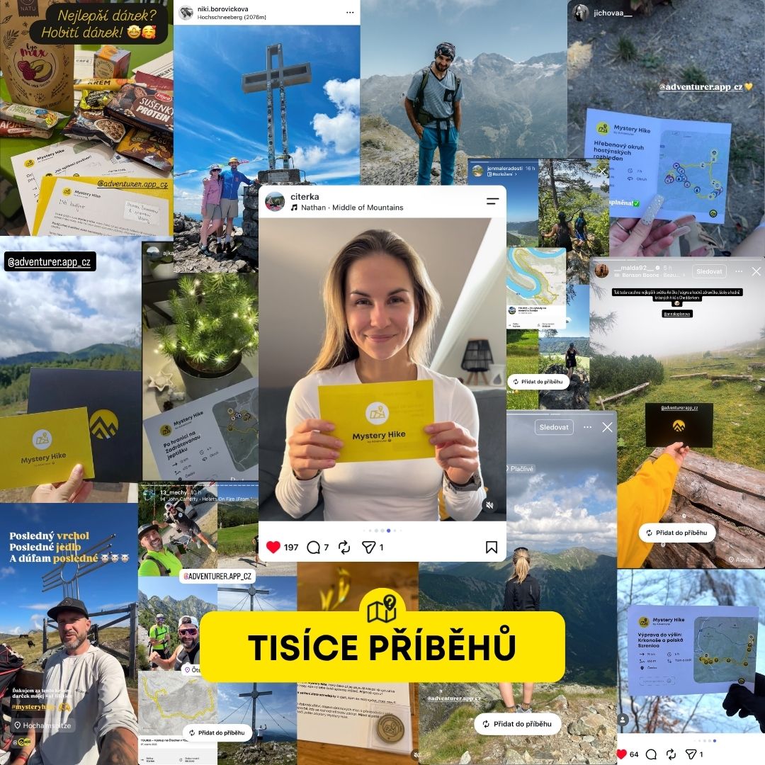 Koláž z příspěvků od lidí ze sociálních sítí, kteří vyrazili na Mystery Hike splnit výzvu.