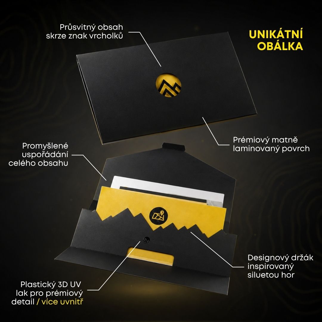 Grafická ukázka Mystery Hike obálky. Od obálky vedou šipky s popisky provedení obálky.