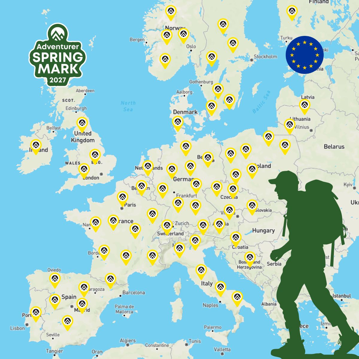 Mapa Evropy se žlutými piny naznačující outdoorové trasy